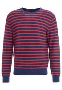 Gestreifter Pullover mit horizontalen roten und marineblauen Streifen, Rundhalsausschnitt, langen Ärmeln und einer glatten Stricktextur. Klassische Passform.