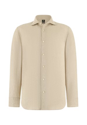 Beige overhemd met lange mouwen, knoopsluiting, puntkraag, gestructureerde stof en standaard manchetten, weergegeven op een witte achtergrond.