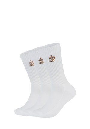 Drei Paar weiße gerippte Socken, jeweils mit einer kleinen bestickten dampfenden Kaffeetasse nahe dem oberen Rand.