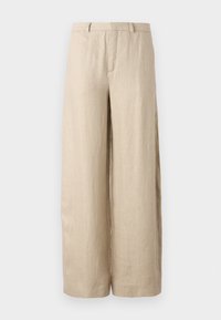 Beige, vide benbukser laget av lin. Har en frontfold, to sidelommer og en linning med belteholdere. Jevn tekstur.