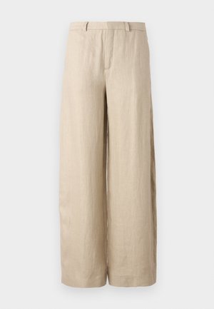 Pantaloni beige a gamba larga realizzati in lino. Presentano una piega anteriore, due tasche laterali e una vita con passanti per cintura. Texture liscia.