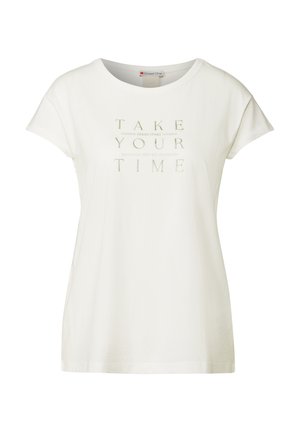 T-shirt en coton blanc avec un col rond, des manches courtes et un texte imprimé qui dit "PRENDS TON TEMPS NOUVEAU DÉPART NOUVEAU MOI."