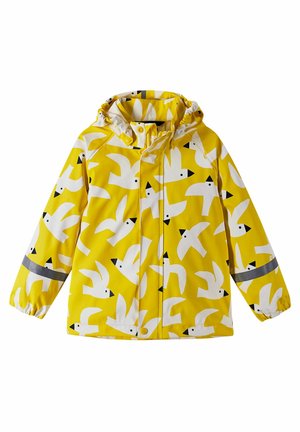 Gelbe Regenjacke mit weißen Vögeln und schwarzen Akzenten. Mit Kapuze und elastischen Bündchen ausgestattet, verfügt sie über reflektierende Streifen an den Ärmeln.