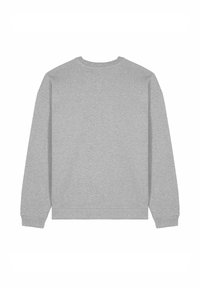 Sweat-shirt gris clair uni à manches longues avec col rond, poignets et ourlet côtelés, présenté de dos sur un fond blanc.