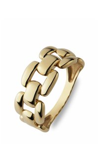 Goldfarbener Ring mit einem Kettenlink-Design, das abgerundete, polierte Segmente und einen glatten Innenring aufweist. Die Oberfläche reflektiert das Licht für ein glänzendes Finish.