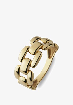 Goldfarbener Ring mit einem Kettenlink-Design, das abgerundete, polierte Segmente und einen glatten Innenring aufweist. Die Oberfläche reflektiert das Licht für ein glänzendes Finish.