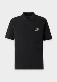 Polo noir à manches courtes avec col, deux boutons et logo jaune Armani Exchange sur le côté gauche de la poitrine.