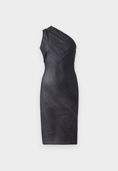 Asymmetrical black dress with one shoulder, draped texture, knee-length, fitted silhouette, and back zip closure.