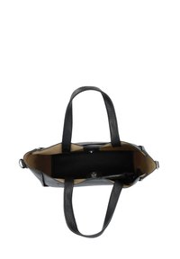 Borsa a tote in pelle nera con doppi manici, tasca interna con zip e rivestimento beige, caratterizzata da un esterno testurizzato e forma rettangolare.