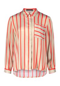 Beige blouse with vertical coral stripes, featuring a button-up front and a single pocket. Long sleeves with cuffs and a curved hemline.