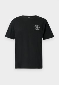 Zwarte katoenen t-shirt met korte mouwen, voorzien van een wit grafisch logo op de linkerkant van de borst. Klassiek ronde halsontwerp. Standaard pasvorm.