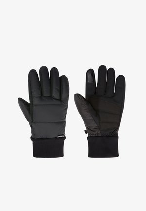 Pair of black insulated winter gloves with ribbed cuffs, one showing the back and the other the palm with reinforced fingertips.