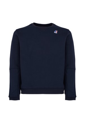 Felpa blu navy in misto cotone, con maniche lunghe, scollo rotondo e un piccolo logo sul petto a sinistra. Tessuto liscio, design minimalista.