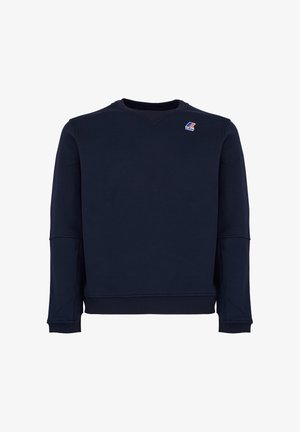 Felpa blu navy in misto cotone, con maniche lunghe, scollo rotondo e un piccolo logo sul petto a sinistra. Tessuto liscio, design minimalista.