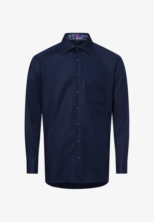 Navyblauw overhemd met lange mouwen, met een button-down kraag, een enkele borstzak en een bloemenpatroon aan de binnenkant van de kraag. Gemaakt van gladde stof.