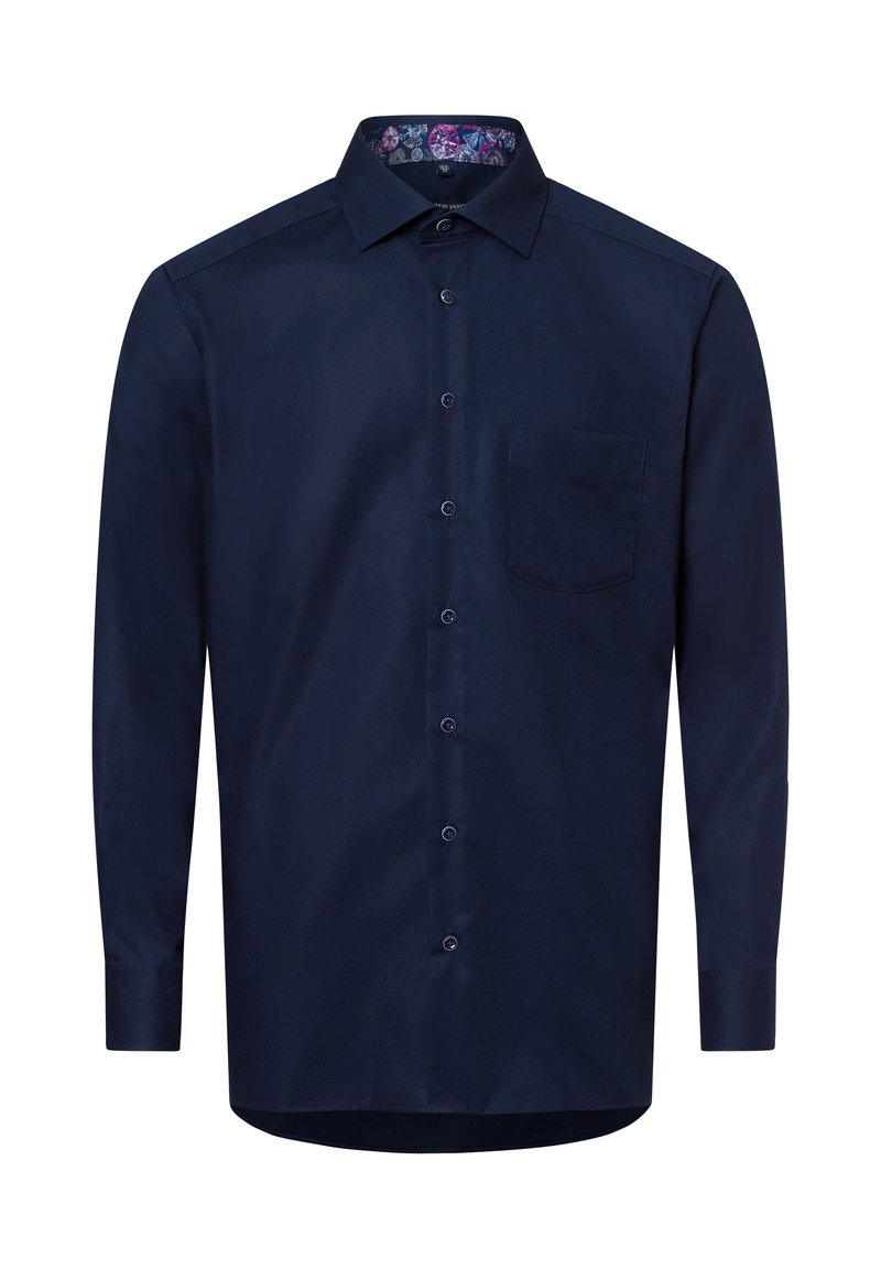 Dunkelblaues Langarmhemd mit Button-Down-Kragen, einer einzelnen Brusttasche und floralem Muster am inneren Kragen. Aus glattem Stoff gefertigt.