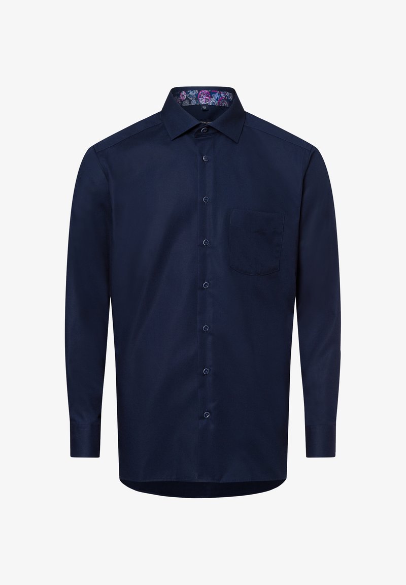 Dunkelblaues Langarmhemd mit Button-Down-Kragen, einer einzelnen Brusttasche und floralem Muster am inneren Kragen. Aus glattem Stoff gefertigt.
