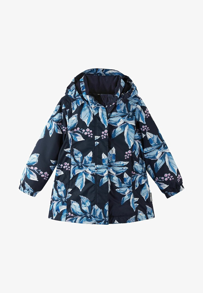 Dunkelblaue Steppjacke mit floralem Muster in Blau- und Rosatönen, mit Kapuze und elastischen Bündchen. Stepptextur sichtbar.