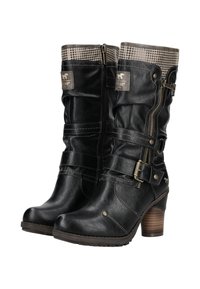 Schwarze Lederstiefel bis zur Mitte der Wade mit Blockabsätzen, seitlichem Reißverschluss, Schnallenriemen und Hahnentrittmuster-Stoffbesatz an der Oberseite.