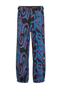 Zwarte broeken met heldere blauwe en roze abstracte patronen. Heeft elastische boorden en een tailleband met twee verstelbare riemen en knopen.