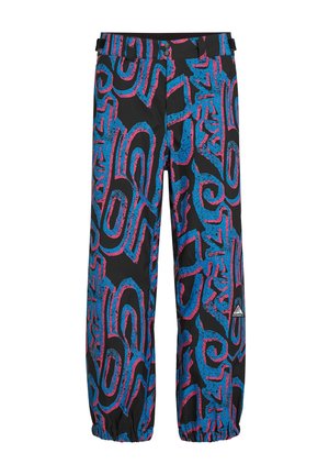 Zwarte broeken met heldere blauwe en roze abstracte patronen. Heeft elastische boorden en een tailleband met twee verstelbare riemen en knopen.
