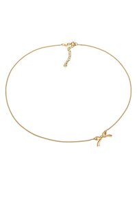 Gouden halsketting met een fijne schakel en een klein strikpendant. Voorzien van een kreeftsluiting en een verstelbare lengte met een schakelverlengstuk.