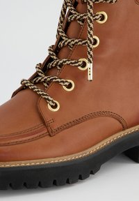 Bottines en cuir marron avec un bout arrondi, œillets dorés et lacets tressés marron et beige. Présente une semelle en caoutchouc noir texturé avec une bonne traction.