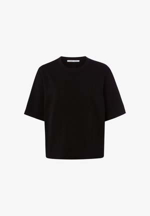 Black short-sleeve cropped t-shirt with round neckline, displayed on a plain white background.