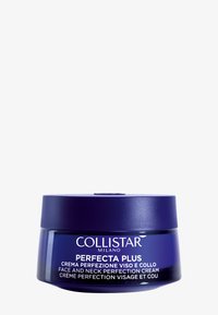 Collistar Perfecta Plus ansikts- och nackkräm i en rund, djupt blå glasburk med ett slätt lock och vit textetikett som redogör för produktinformationen.