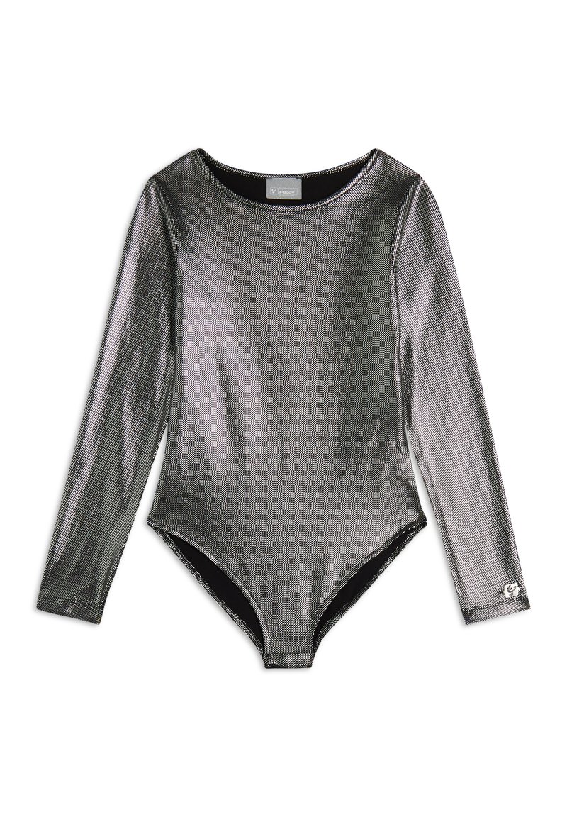 Body a maniche lunghe in tessuto metallizzato argento con texture a costine, caratterizzato da una scollatura rotonda e una fodera interna nera.