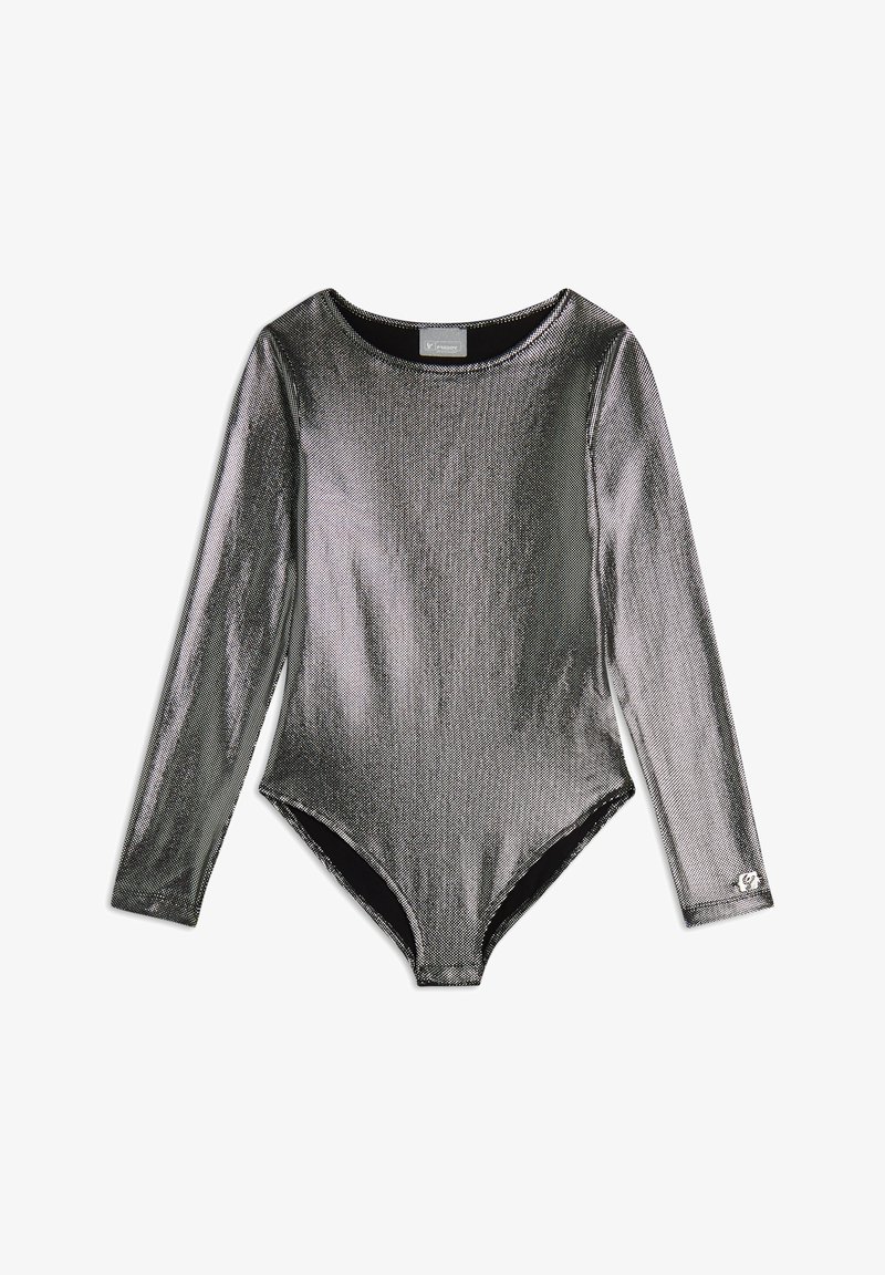 Body a maniche lunghe in tessuto metallizzato argento con texture a costine, caratterizzato da una scollatura rotonda e una fodera interna nera.