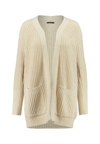 Jasnobeżowy, prążkowany kardigan dziany z otwartym przodem, długimi rękawami i dwoma przednimi kieszeniami. Miękka tekstura o luźnym kroju.