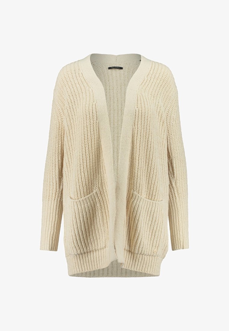 Jasnobeżowy, prążkowany kardigan dziany z otwartym przodem, długimi rękawami i dwoma przednimi kieszeniami. Miękka tekstura o luźnym kroju.