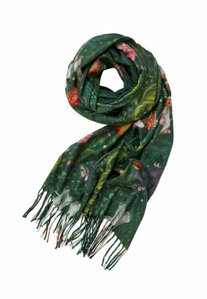 Mørkegrønt tørklæde med frynser i enderne, prydet med detaljerede skovdyr, svampe, blade og blomster i forskellige farver.