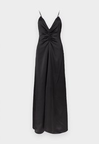 Robe longue en satin noir avec fines bretelles et détail froncé au centre du corsage devant, présentée sur un fond uni.