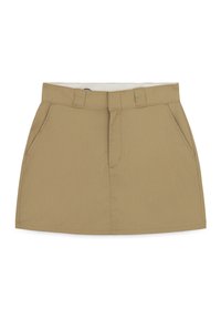 Jupe beige longueur genou avec poches latérales, passants de ceinture et fermeture éclair frontale sur fond blanc.