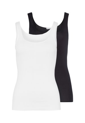 Twee dames mouwloze tanktops, één witte aan de voorkant en één zwarte aan de achterkant, met ronde halslijnen op een witte achtergrond.
