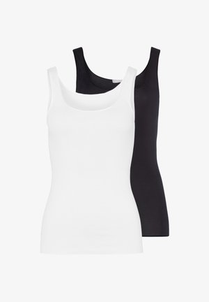 Deux débardeurs sans manches pour femmes, l'un blanc à l'avant et l'autre noir à l'arrière, avec des encolures dégagées sur fond blanc.