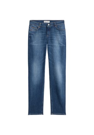 Dark blue denim jeans with a straight leg design, featuring five pockets, subtle fading, and a button closure at the waistband.