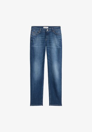 Dark blue denim jeans with a straight leg design, featuring five pockets, subtle fading, and a button closure at the waistband.