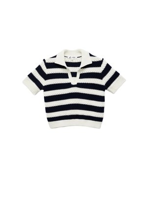 Sweter dziany z paskowym wzorem w granatowo-kremowych kolorach, krótki rękaw oraz kołnierzyk z dekoltem w kształcie litery V.