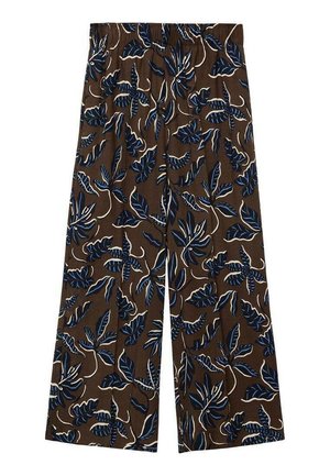 Pantaloni a gamba larga marroni realizzati in un tessuto leggero, con un motivo a foglie blu e bianche su tutta la superficie e una vita elasticizzata.