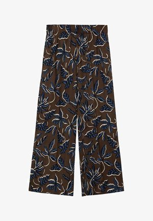 Pantalons larges marron fabriqués dans un tissu léger, avec un motif de feuilles bleu et blanc sur l'ensemble et une taille élastique.