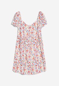 Robe florale avec des manches bouffantes courtes, un décolleté carré et une silhouette fluide. Le tissu est léger avec des motifs de fleurs multicolores sur fond blanc.