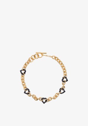 Kulla kett kaelakee, millel on vahelduvad mustad südamekujulised lingid ja sulgur valgel taustal.