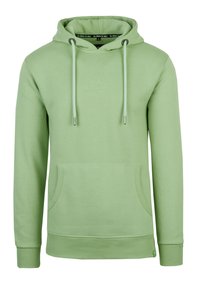 Lichtgroene hoodie gemaakt van zachte stof. Kenmerken zijn een voorvak, koordjes met metalen tips en ribgebreide manchetten en zoom.