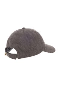 Casquette de baseball en velours côtelé gris avec une visière courbée, surface texturée, sangle réglable à l'arrière et œillets de ventilation sur les côtés.