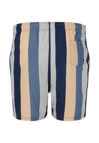 Herren-Badehosen mit horizontalen Streifen in Blau, Beige und Marineblau. Verfügt über eine Gesäßtasche und einen elastischen Bund. Glattes, leichtes Material.