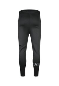 Black fitted leggings with elastic waistband and white logo detail on back of left calf.