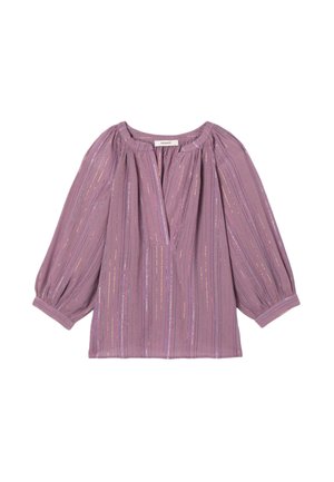 Blouse violette à manches longues avec rayures métalliques verticales, encolure froncée, coupe ample et manches avec poignets.